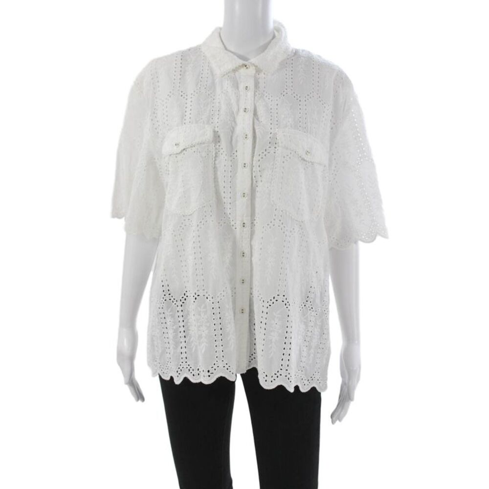 Kivari Womens Tunic Button Up Floral Collared Short Sleeve White Cotton Size 12